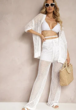 Biały Ażurowy Kardigan Narzutka z Szydełkowej Dzianiny z Guzikami Limiana