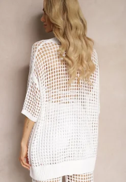 Biały Ażurowy Kardigan Narzutka z Szydełkowej Dzianiny z Guzikami Limiana