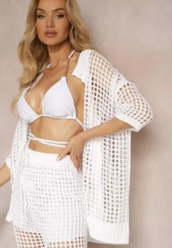 Biały Ażurowy Kardigan Narzutka z Szydełkowej Dzianiny z Guzikami Limiana