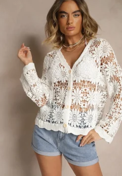 Biały Ażurowy Kardigan z Bawełny na Guziki Evipolla