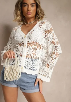 Biały Ażurowy Kardigan z Bawełny na Guziki Evipolla