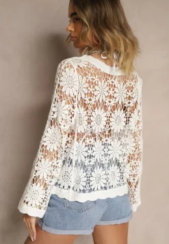 Biały Ażurowy Kardigan z Bawełny na Guziki Evipolla