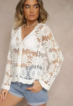 Biały Ażurowy Kardigan z Bawełny na Guziki Evipolla