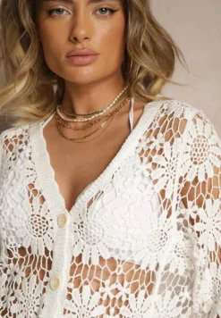 Biały Ażurowy Kardigan z Bawełny na Guziki Evipolla