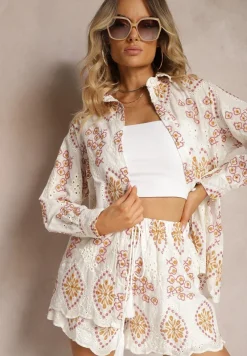 Biały Ażurowy Komplet z Bawełny z Haftem Koszula z Długim Rękawem Szorty z Gumką w Pasie Sanea