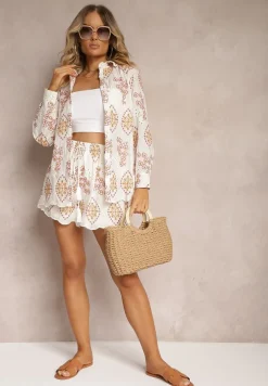 Biały Ażurowy Komplet z Bawełny z Haftem Koszula z Długim Rękawem Szorty z Gumką w Pasie Sanea