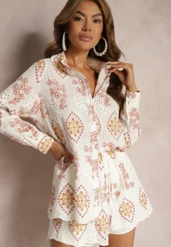Biały Ażurowy Komplet z Bawełny z Haftem Koszula z Długim Rękawem Szorty z Gumką w Pasie Sanea