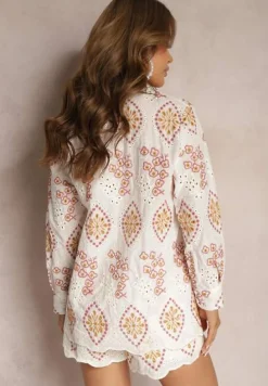 Biały Ażurowy Komplet z Bawełny z Haftem Koszula z Długim Rękawem Szorty z Gumką w Pasie Sanea