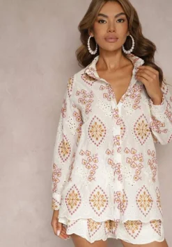 Biały Ażurowy Komplet z Bawełny z Haftem Koszula z Długim Rękawem Szorty z Gumką w Pasie Sanea