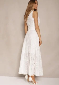 Biały Ażurowy Komplet z Haftowanej Tkaniny Top i Spódnica Salamira