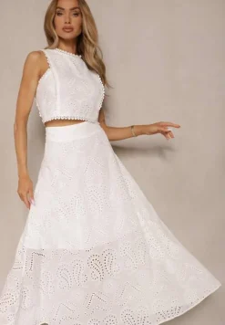 Biały Ażurowy Komplet z Haftowanej Tkaniny Top i Spódnica Salamira