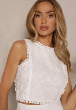 Biały Ażurowy Komplet z Haftowanej Tkaniny Top i Spódnica Salamira