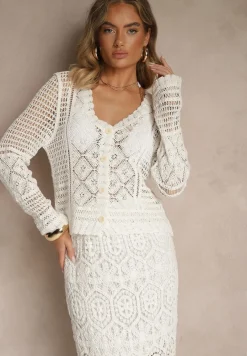 Biały Bawełniany Kardigan Ażurowy Aramirae