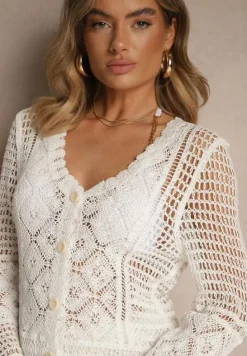 Biały Bawełniany Kardigan Ażurowy Aramirae
