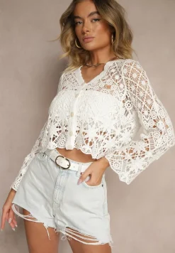 Biały Bawełniany Kardigan Ażurowy na Guziki Xarli