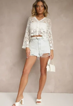 Biały Bawełniany Kardigan Ażurowy na Guziki Xarli