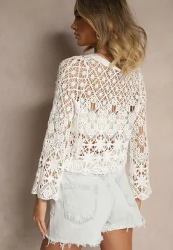 Biały Bawełniany Kardigan Ażurowy na Guziki Xarli