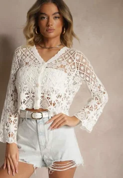 Biały Bawełniany Kardigan Ażurowy na Guziki Xarli
