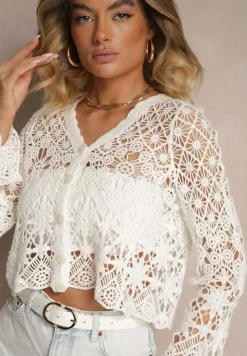 Biały Bawełniany Kardigan Ażurowy na Guziki Xarli