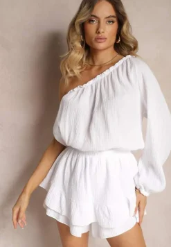 Biały Bawełniany Kombinezon z Gumką w Talii na Jedno Ramię Vimella