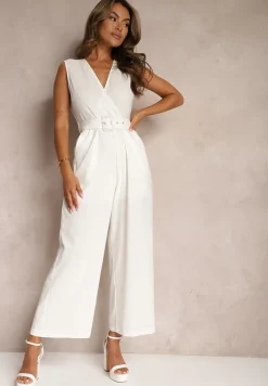 Biały Bawełniany Kombinezon z Kopertowym Dekoltem Paskiem z Klamrą i Gumką w Talii Risalen