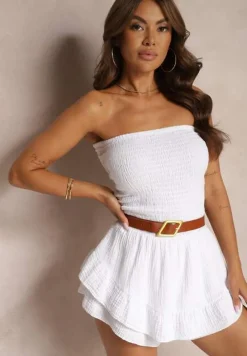 Biały Bawełniany Kombinezon z Elastyczną Górą i Falbankami Palelia