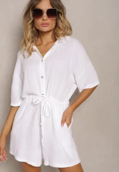 Biały Bawełniany Kombinezon Muślinowy Ozdobiony Troczkami Zapinany na Guziki Dlissa