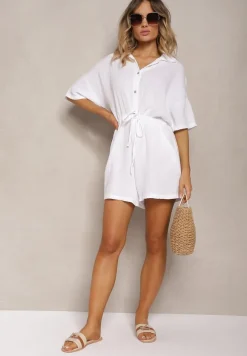 Biały Bawełniany Kombinezon Muślinowy Ozdobiony Troczkami Zapinany na Guziki Dlissa