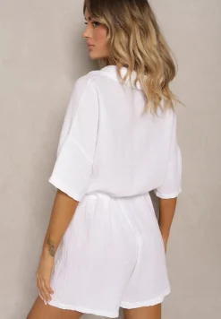 Biały Bawełniany Kombinezon Muślinowy Ozdobiony Troczkami Zapinany na Guziki Dlissa