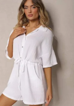 Biały Bawełniany Kombinezon Muślinowy Ozdobiony Troczkami Zapinany na Guziki Dlissa