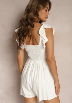 Biały Bawełniany Kombinezon na Ramiączkach Ozdobionych Falbanką z Kwadratowym Dekoltem Oladia