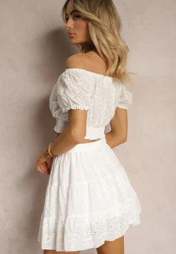 Biały Bawełniany Komplet Ażurowy Krótki Top Spódnica z Gumką w Pasie Igue