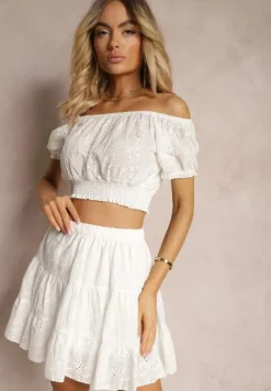 Biały Bawełniany Komplet Ażurowy Krótki Top Spódnica z Gumką w Pasie Igue