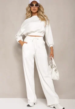Biały Bawełniany Komplet Bluza Krótka ze Ściągaczem i Szerokie Spodnie ze Sznurkiem w Pasie Rionnea