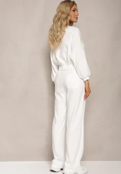 Biały Bawełniany Komplet Bluza Krótka ze Ściągaczem i Szerokie Spodnie ze Sznurkiem w Pasie Rionnea