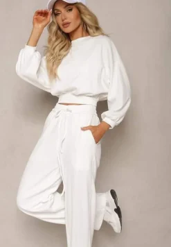 Biały Bawełniany Komplet Bluza Krótka ze Ściągaczem i Szerokie Spodnie ze Sznurkiem w Pasie Rionnea