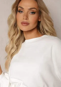 Biały Bawełniany Komplet Bluza Krótka ze Ściągaczem i Szerokie Spodnie ze Sznurkiem w Pasie Rionnea