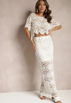 Biały Bawełniany Komplet Boho z Ażurowymi Wycięciami Spódnica Maxi i Bluzka Belrina