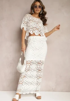Biały Bawełniany Komplet Boho z Ażurowymi Wycięciami Spódnica Maxi i Bluzka Belrina