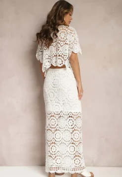 Biały Bawełniany Komplet Boho z Ażurowymi Wycięciami Spódnica Maxi i Bluzka Belrina