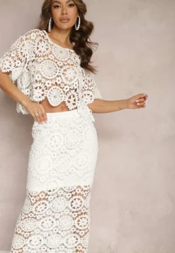 Biały Bawełniany Komplet Boho z Ażurowymi Wycięciami Spódnica Maxi i Bluzka Belrina