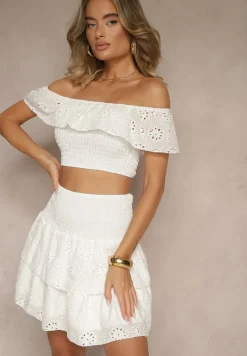 Biały Bawełniany Komplet 2-Częściowy Ażurowy Top Typu Hiszpanka Spódnica z Gumką w Talii Mavima