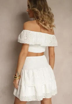 Biały Bawełniany Komplet 2-Częściowy Ażurowy Top Typu Hiszpanka Spódnica z Gumką w Talii Mavima