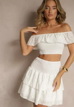 Biały Bawełniany Komplet 2-Częściowy Ażurowy Top Typu Hiszpanka Spódnica z Gumką w Talii Mavima