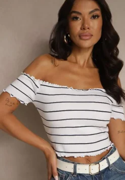 Biały Bawełniany Top Hiszpanka Ozdobiony Paskami Lirasora