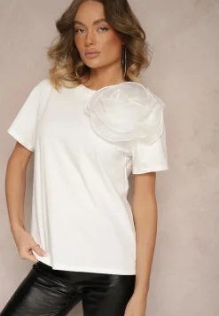 Biały Bawełniany T-shirt z Krótkim Rękawem i Ozdobnym Kwiatem Krissas