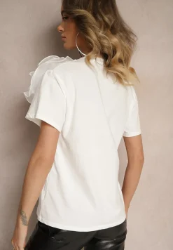 Biały Bawełniany T-shirt z Krótkim Rękawem i Ozdobnym Kwiatem Krissas