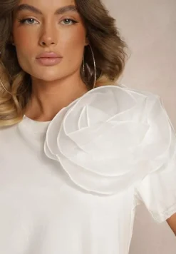 Biały Bawełniany T-shirt z Krótkim Rękawem i Ozdobnym Kwiatem Krissas