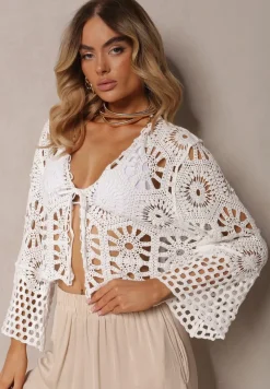 Biały Bawełniany Wiązany Kardigan Narzutka z Ażurowym Motywem Lunalea