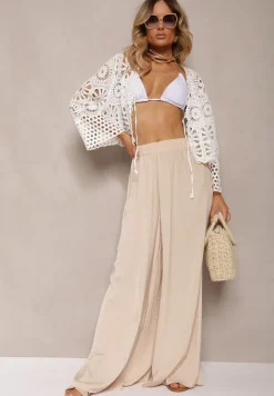 Biały Bawełniany Wiązany Kardigan Narzutka z Ażurowym Motywem Lunalea